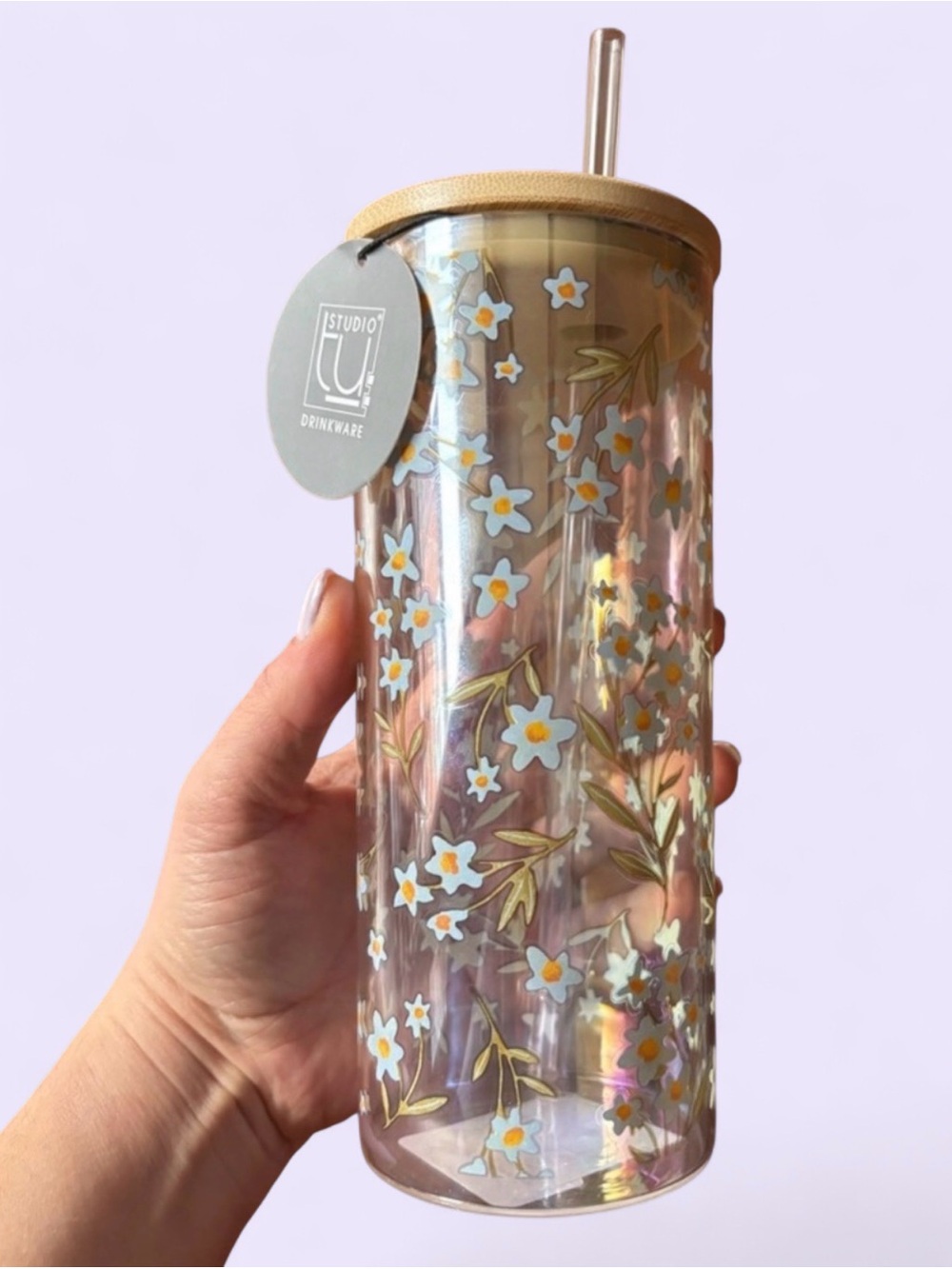 Studio Oh! Iridescent Floral Glass Tumbler With Bamboo Lid & Straw